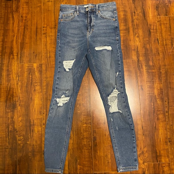 Topshop ripped high waisted jamie jeans in colour midblue. Size: W26 L30 - Picture 2 of 4